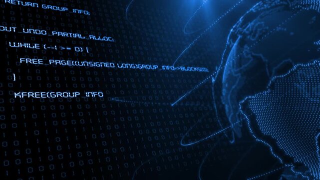 Royal blue color computer programming rotating globe with dots futuristic design black technology background