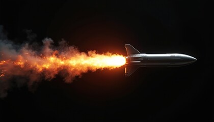 Fototapeta premium Silver rocket flies fast leaving bright fire trail and smoke cloud. Spacecraft moves forward propelled by powerful engine exhaust. Cosmic mission begins.