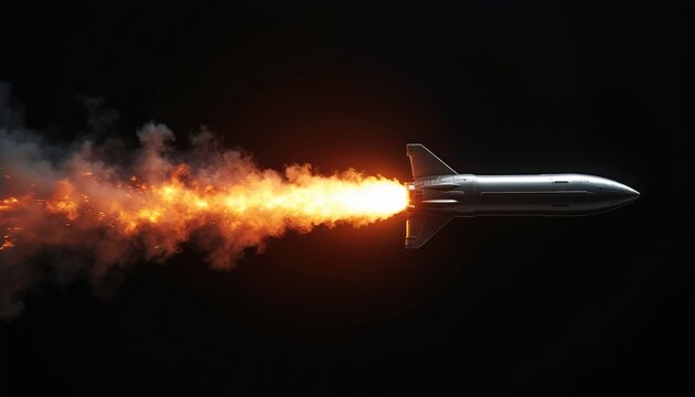 Silver rocket flies fast leaving bright fire trail and smoke cloud. Spacecraft moves forward propelled by powerful engine exhaust. Cosmic mission begins.