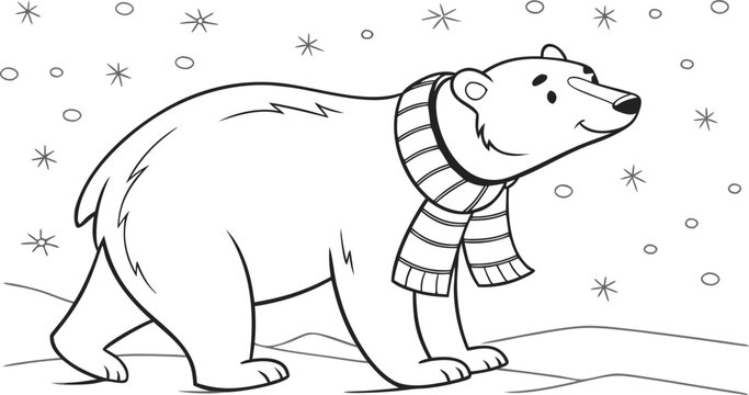 Polar bear wearing scarf standing in snow with stars winter