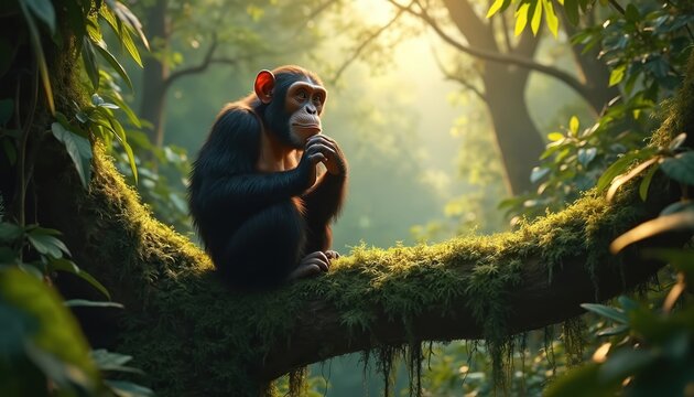 Chimpanzee sits on mossy tree branch in rich rainforest, bathed in soft sunlight. Primate looks thoughtful, resting chin on hands. Scene conveys peace and nature beauty.