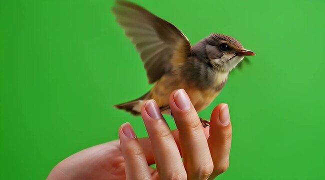 A delicate bird gently perched on a human hand against green backdrop