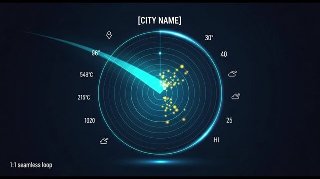 Futuristic city weather forecast with glowing blue radar screen