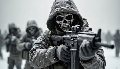 Obraz premium Soldiers in skull masks hold machine guns in snowy weather. Ghostly figures move in formation during a cold battle. Military team aims weapons in winter warfare.