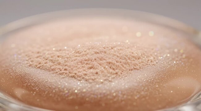 Closeup of a sparkling beige powder with illuminating particles in a container