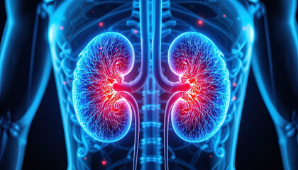 Fototapeta premium Glowing anatomical depiction highlights human internal organ structures and associated inflammation