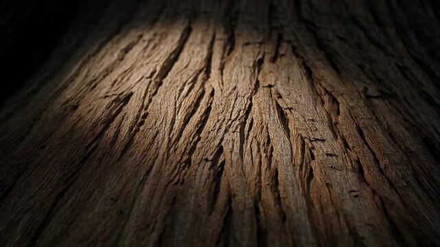 A detailed macro shot of rough, weathered bark texture with dramatic light