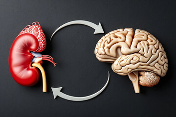 Red Kidney and Human Brain Connected by White Arrows on Dark Background organ anatomy