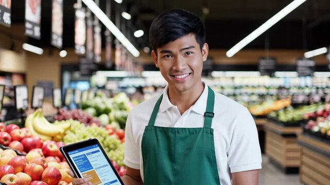 asian supermarket worker in green apron uses tablet to check inventory in produce section. grocery store management and retail technology. web design, social media, business presentation.