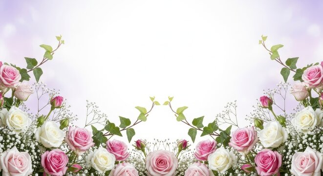Pink and white rose flower frame with green ivy and baby's breath on a white background for wedding invitations and romantic cards