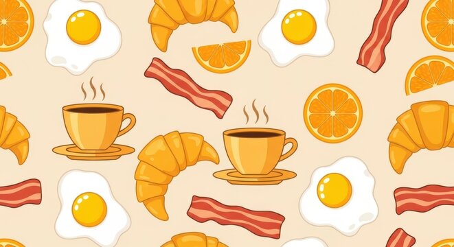 Breakfast seamless pattern featuring croissants, fried eggs, bacon strips, steaming coffee cups, and fresh orange slices on a cream background