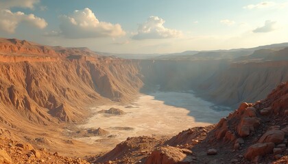 Vast desert canyon with dry earth and rocky formations. Sun shines over barren landscape. Aerial view shows large dry lakebed and eroded cliffs under blue sky.