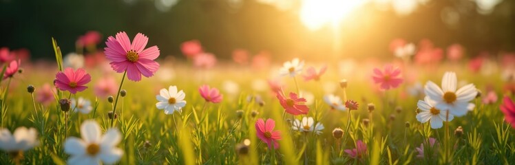 Fototapeta premium Close up field of cosmos flowers blooming in warm sunlight. Pink and white petals open wide, grass green stems tall. Evening sun shines bright over vibrant meadow.
