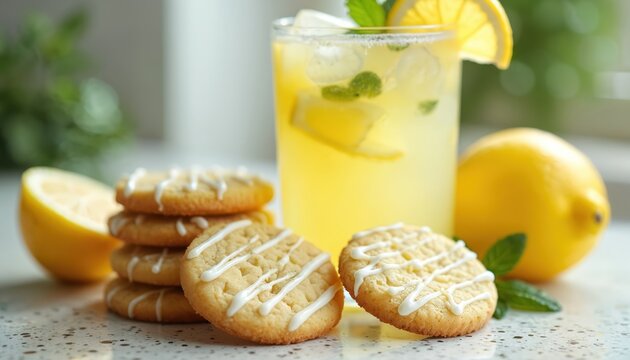 Glass of cold lemonade with ice and mint next to stack of sugar cookies with lemon icing. Whole and halved lemons on table. Refreshing summer drink and sweet treat for hot weather.