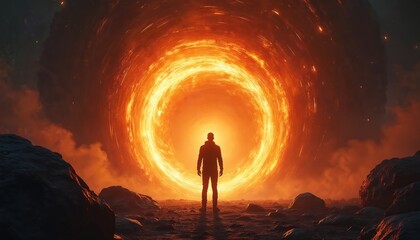 Fototapeta premium Man stands before blazing portal of light, suggesting portal travel or cosmic event. Surreal landscape with fire vortex in sky. Mystery and adventure concept.