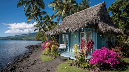Fototapeta premium Tropical beachfront cottage featuring thatched roofing surrounded by lush vegetation and palm trees borders dark shore
