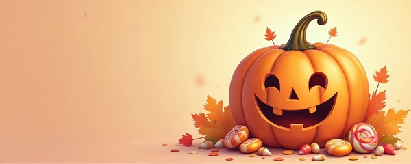 Obraz premium Halloween pumpkin with happy face surrounded by colorful candies and autumn leaves. Soft pastel background with copy space, perfect for seasonal greetings or party invites. Festive and playful design.