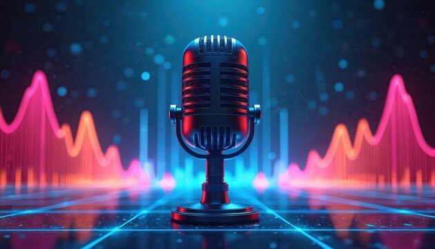 Retro microphone on futuristic sound wave display. Digital abstract background with neon lights and audio equalizer bars. Vibrant colors pulse with music energy in dark space. Modern tech concept.
