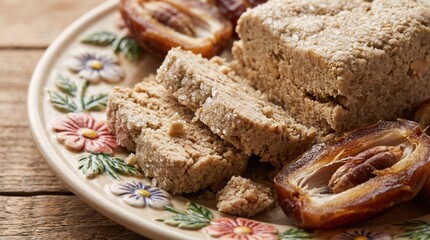 Fototapeta premium Sliced homemade date loaf on floral plate with dried dates 
