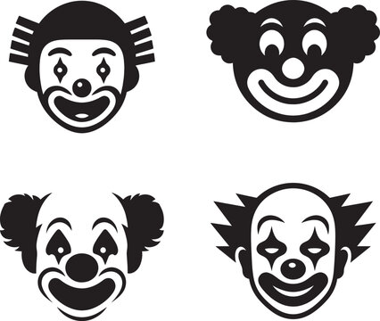 Four distinct black silhouette clown face vectors, circus and carnival icons