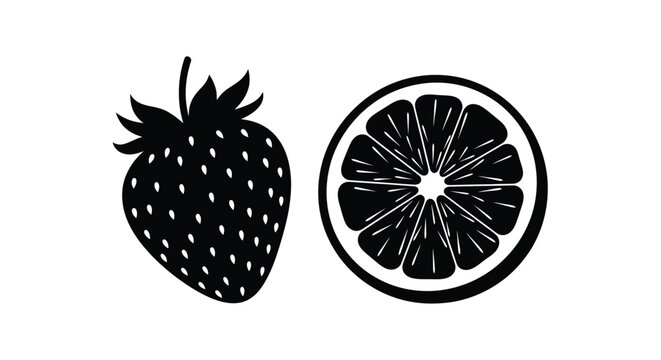 A strawberry and a slice of orange depicted in a minimalist style