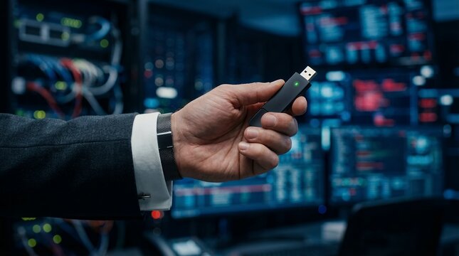 A person in formal attire holding a USB drive in front of a server room