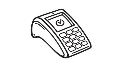 Credit card terminal with touchscreen and keypad displaying a checkmark symbol, hand-drawn outline graphic. © MissBeauty