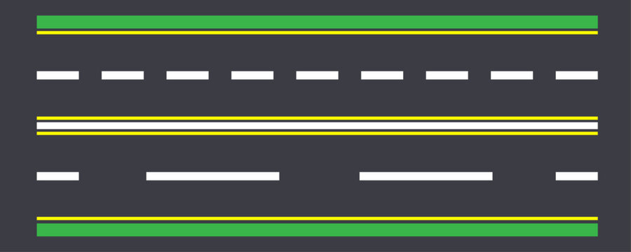 Overhead vector illustration of a multi-lane road with various asphalt markings and green verges, ideal for navigation and transport concepts.
