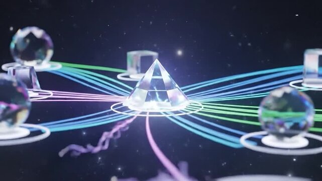 Futuristic Quantum Entanglement with Neon Lines and Orbs.