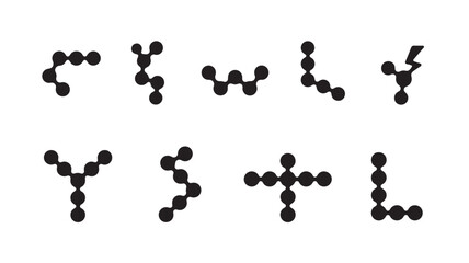 Molecular structures and icons with interconnected circles and a lightning bolt symbol on a white background