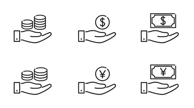 Hands holding stacks of coins, single coins with dollar and yen symbols, and banknotes, representing financial transactions and currency.