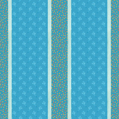 Seamless striped blue pattern with abstract watercolor elements.