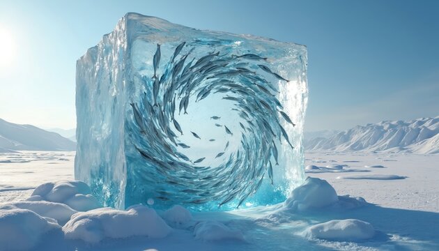 School of fish swim in vortex pattern inside large ice cube. Icy structure sits on snowy arctic landscape under clear blue sky. Surreal concept art visualizes aquatic life trapped in frozen water.