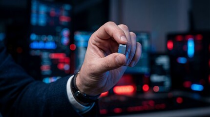 Fototapeta premium A person holding a small technology chip in front of a data center with blinking lights