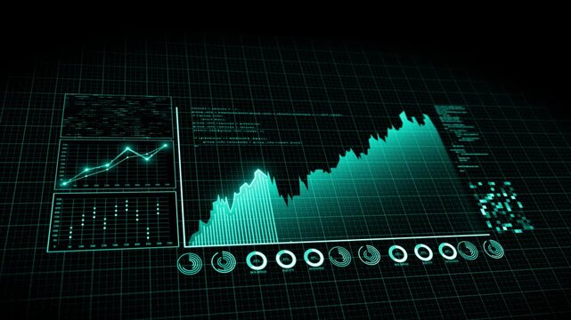 Cyan color bar chart with growing business concept advanced data analysis algorithms dashboard display black stock market background