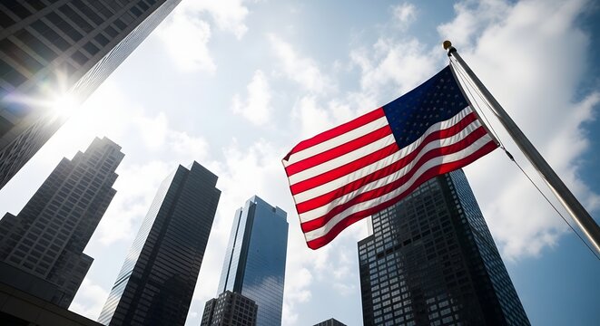 American flag waving in front of skyscrapers on a sunny day