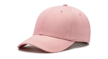 Fototapeta premium A pink baseball cap with a textured fabric and curved brim, isolated on a white background, perfect for fashion or accessory concepts.