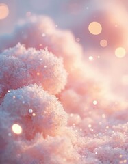 Naklejka premium Soft pastel pink and blue clouds float with glitter. Sparkling diamond dust sparkles on fluffy texture. Dreamy bokeh lights add magical effect. Gentle soft focus background.