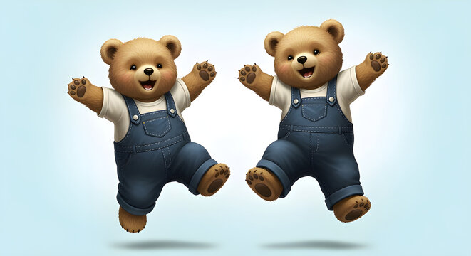 Delightful illustration of two happy teddy bears in denim overalls joyfully jumping, capturing the essence of childhood fun and playful friendship