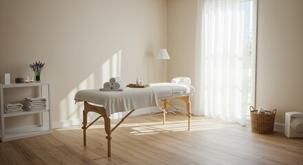 Fototapeta premium A serene spa room with massage table, lamp, and shelves in a peaceful environment.