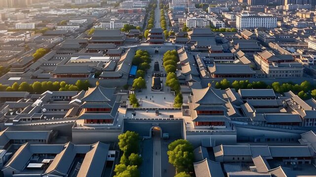 Aerial View Ancient Chinese City Traditional Architecture Historic Urban Landscape.