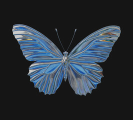 Realistic 3D render of a liquid chrome butterfly with polished silver texture and iridescent reflections isolated for futuristic fashion design. © Mane
