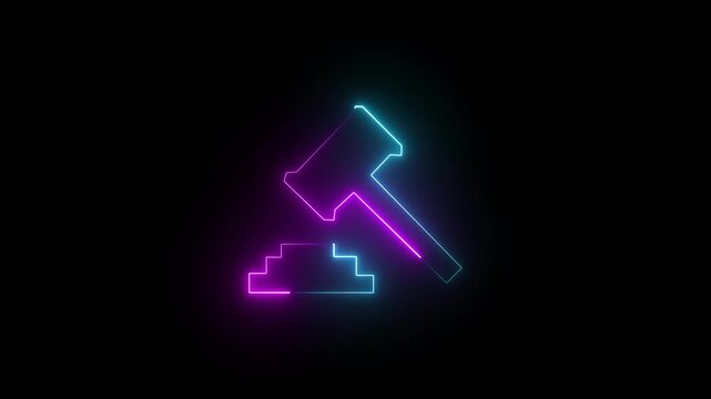 Neon lune gavel, law neon icon. Elements of Law Justice set. Simple icon for websites, web design, mobile app, info graphics on black background. 4k animation video.