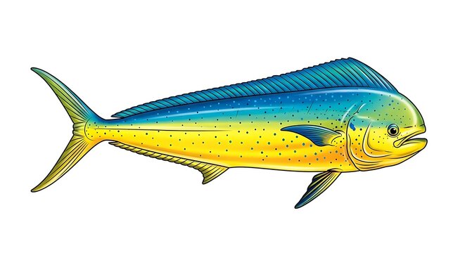 Vibrant yellow and blue mahi mahi fish swimming alone on white background, showcasing its bright colors and distinctive dorsal fin, ideal for marine and ocean life illustrations.