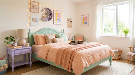 Cozy bedroom with a green bed and soft dopamine colors in a bright room with natural light and a cat lounging on the bed