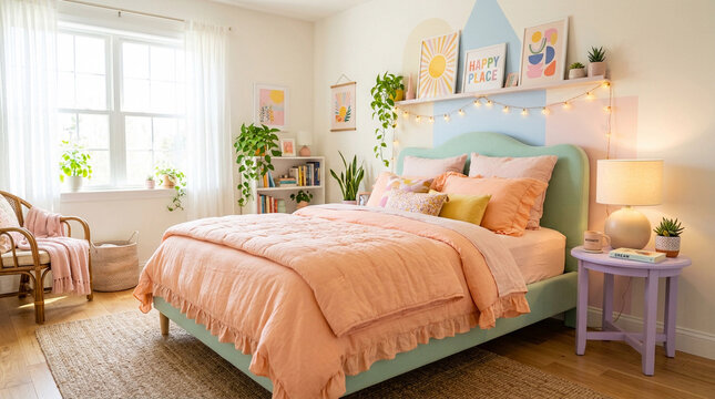 Bright dopamine bedroom with plants and cozy decor in a well-lit room during daytime