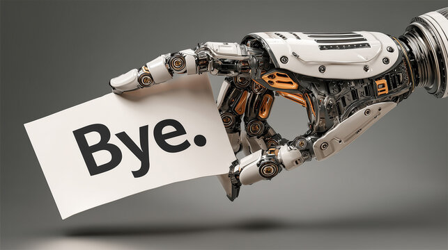 An intricately designed white and gold robotic hand, showcasing advanced cybernetic engineering, gracefully holds a crisp white card emblazoned with the definitive message "Bye."