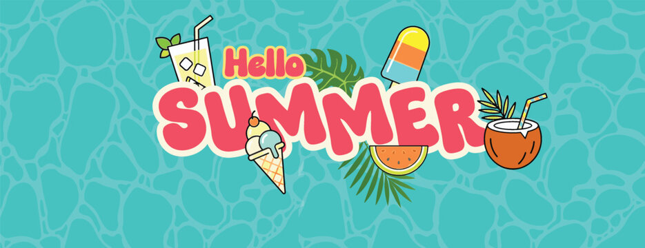 summer tropical horizontal banner and summer background for social media cover banner with ice cream cone coconut drink popsicle watermelon slice and tropical leaves on turquoise swimming pool water