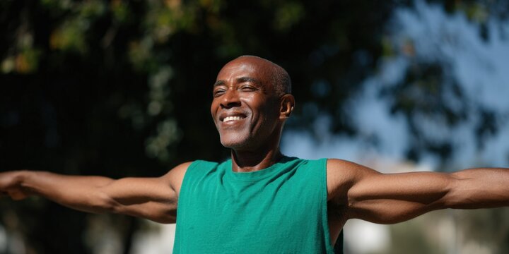 African male adult smiling with arms extended in green tank top under blue sky outdoors reflecting joy strength and healthy active lifestyle