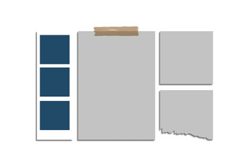 Collage frame template with paper sheets and adhesive tape isolated on transparent background